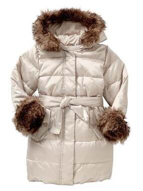 Gap Toddler Girls Faux Fur Warmest Hooded Jacket Coat,Grey/Beige SZ 2 Years